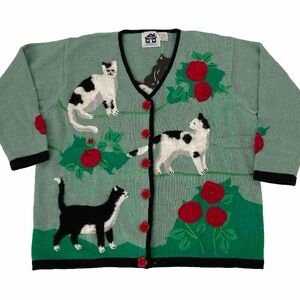 Vintage NWT Storybook Knits Cardigan Cats Roses Plus Sz 2X American Beauties